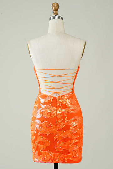 Vestido ajustado a casa naranja sin tirantes